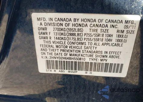 2011 Acura Mdx Technology Package z USA, uszkodzony, nr VIN 2HNYD2H64BH550810